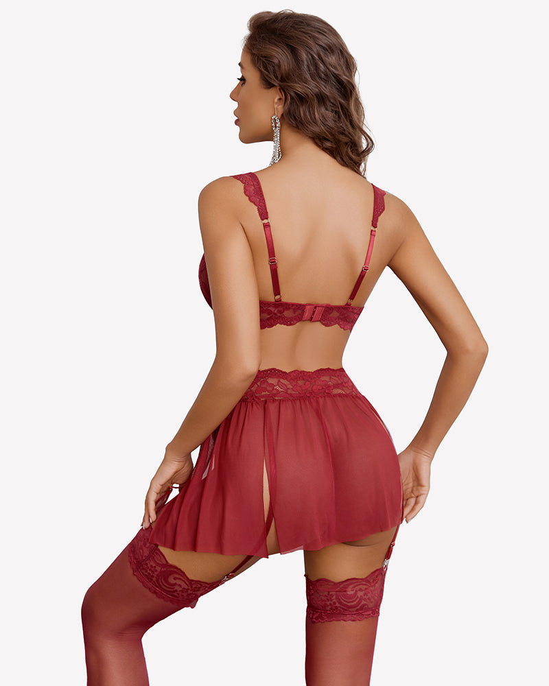 3 Piece Garter Lace Bra and Skirt Set