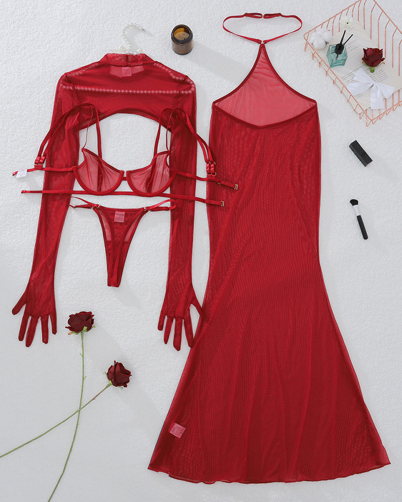 4 Pcs Red Sheer Mesh Lingerie Dress Sets