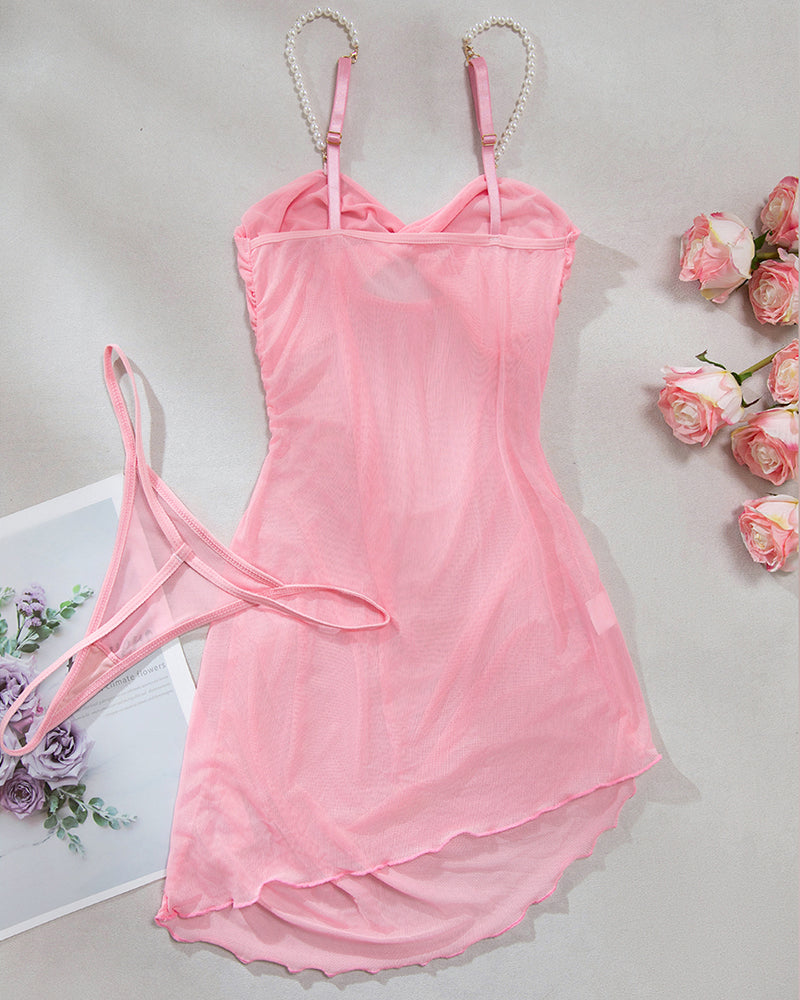 Pearl Strap Hollow Mesh Slip Dress