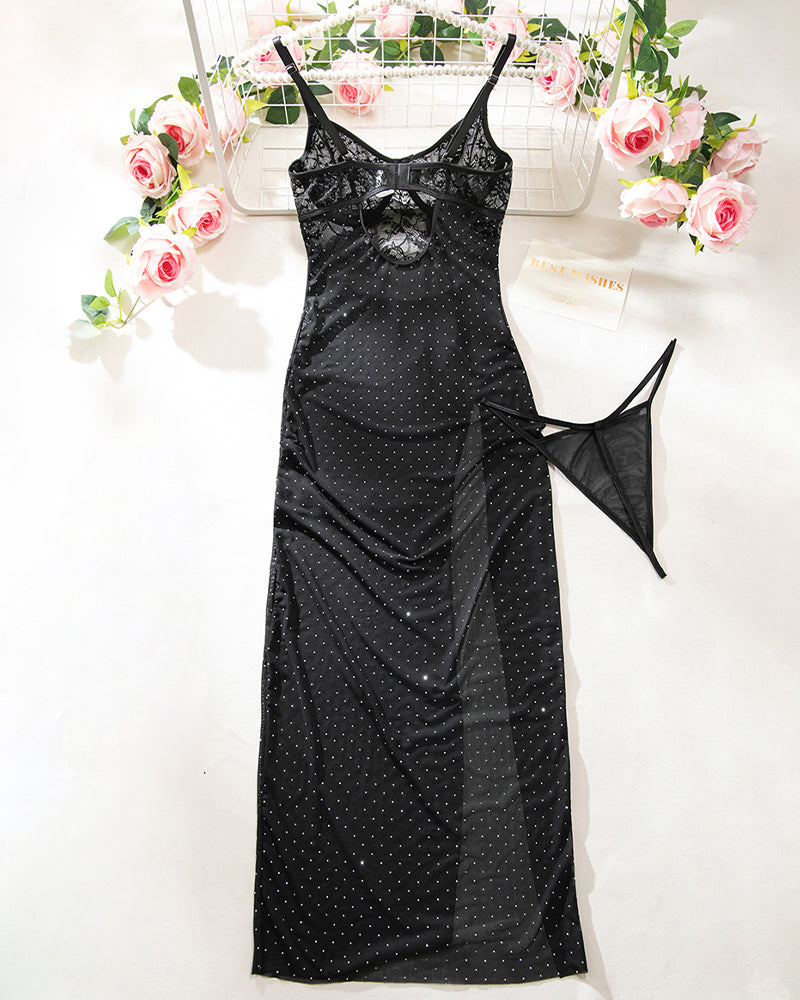 Rhinestones Mesh Side Slit Maxi Dress