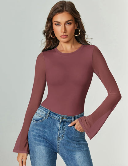 Bell Long Sleeve Bodysuits Mesh Leotard Tops