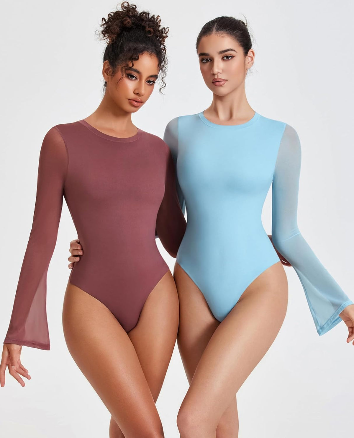 Bell Long Sleeve Bodysuits Mesh Leotard Tops