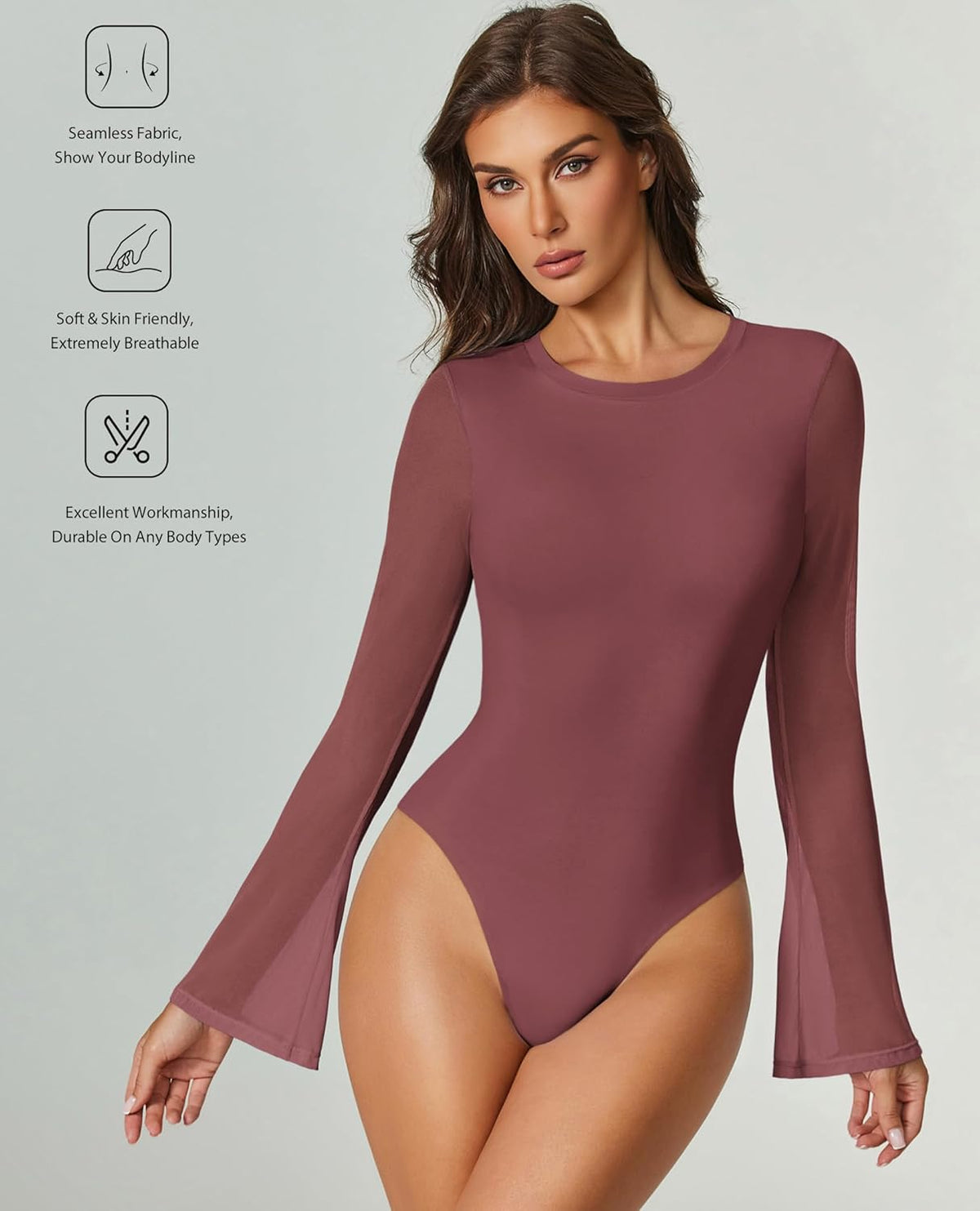 Bell Long Sleeve Bodysuits Mesh Leotard Tops