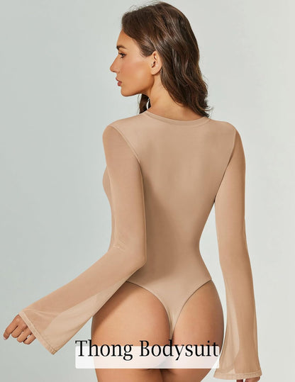 Bell Long Sleeve Bodysuits Mesh Leotard Tops