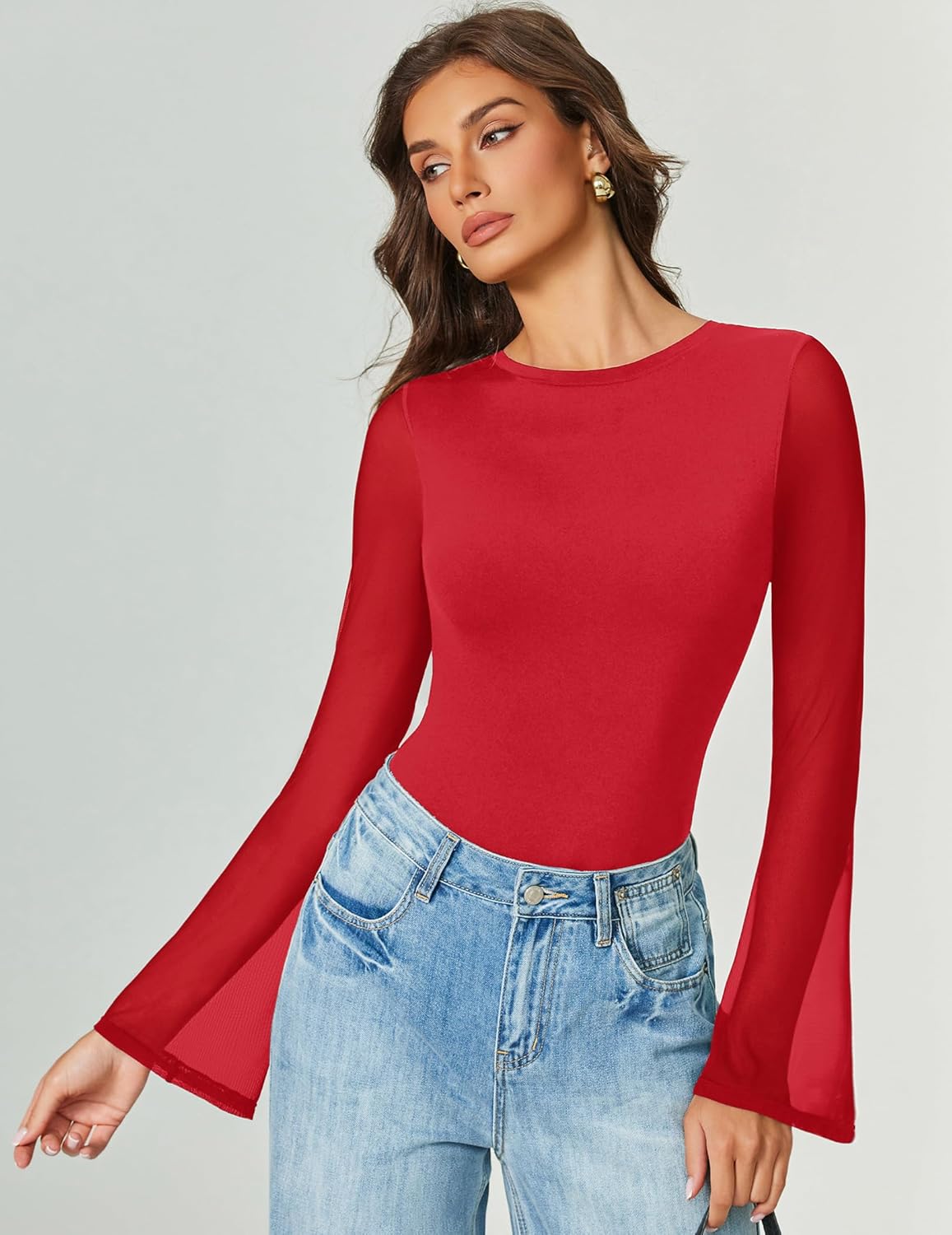 Bell Long Sleeve Bodysuits Mesh Leotard Tops