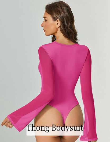 Bell Long Sleeve Bodysuits Mesh Leotard Tops