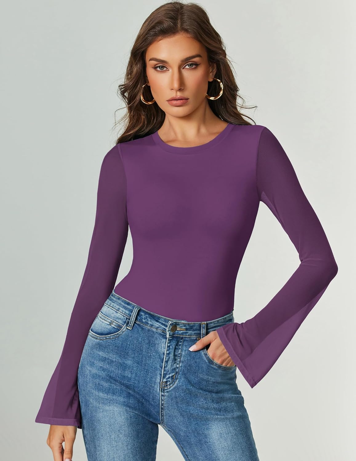 Bell Long Sleeve Bodysuits Mesh Leotard Tops