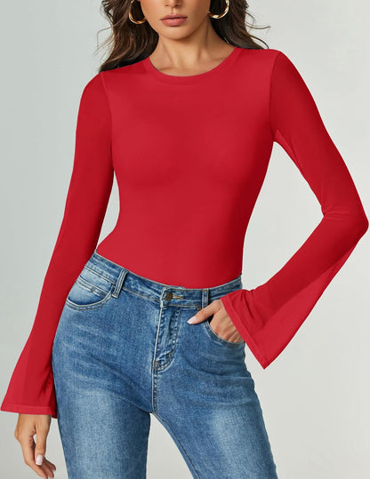 Bell Long Sleeve Bodysuits Mesh Leotard Tops