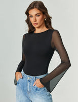 Bell Long Sleeve Bodysuits Mesh Leotard Tops