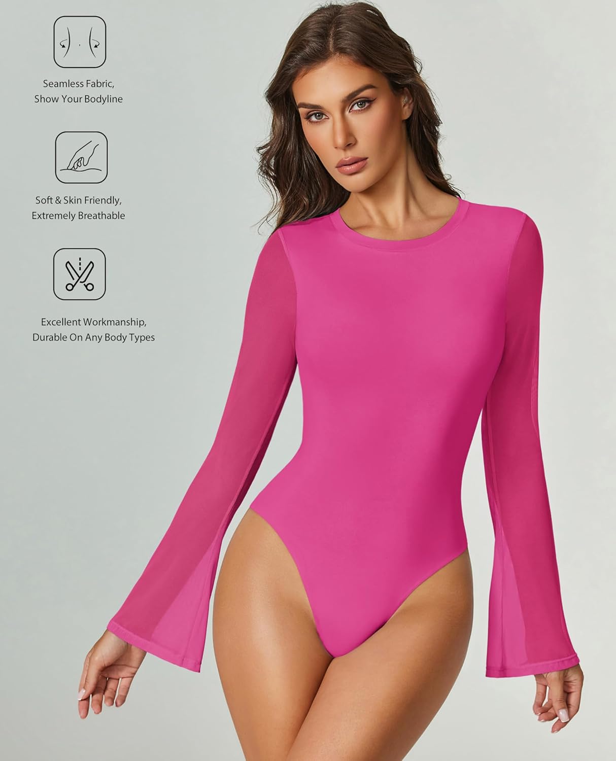 Bell Long Sleeve Bodysuits Mesh Leotard Tops