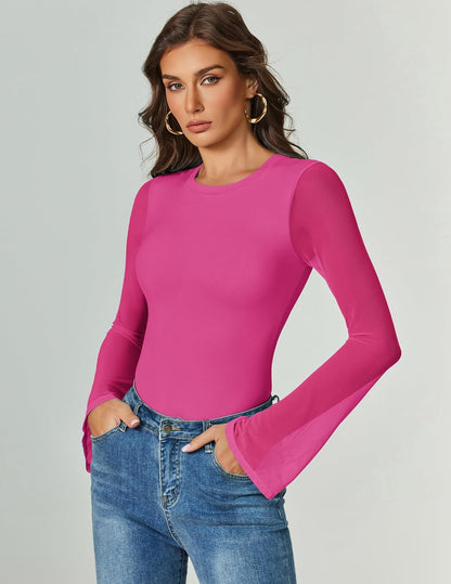 Bell Long Sleeve Bodysuits Mesh Leotard Tops