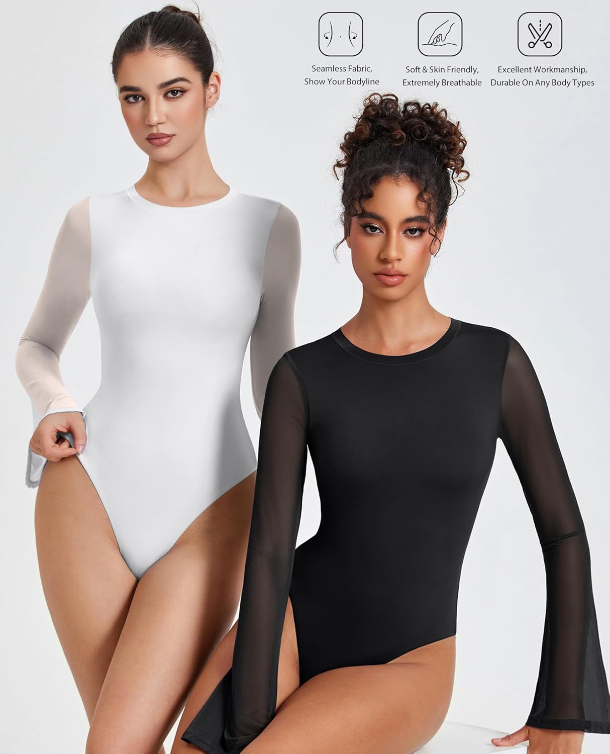 Bell Long Sleeve Bodysuits Mesh Leotard Tops
