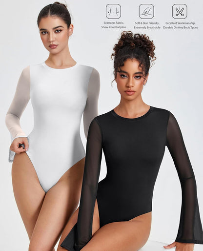 Bell Long Sleeve Bodysuits Mesh Leotard Tops