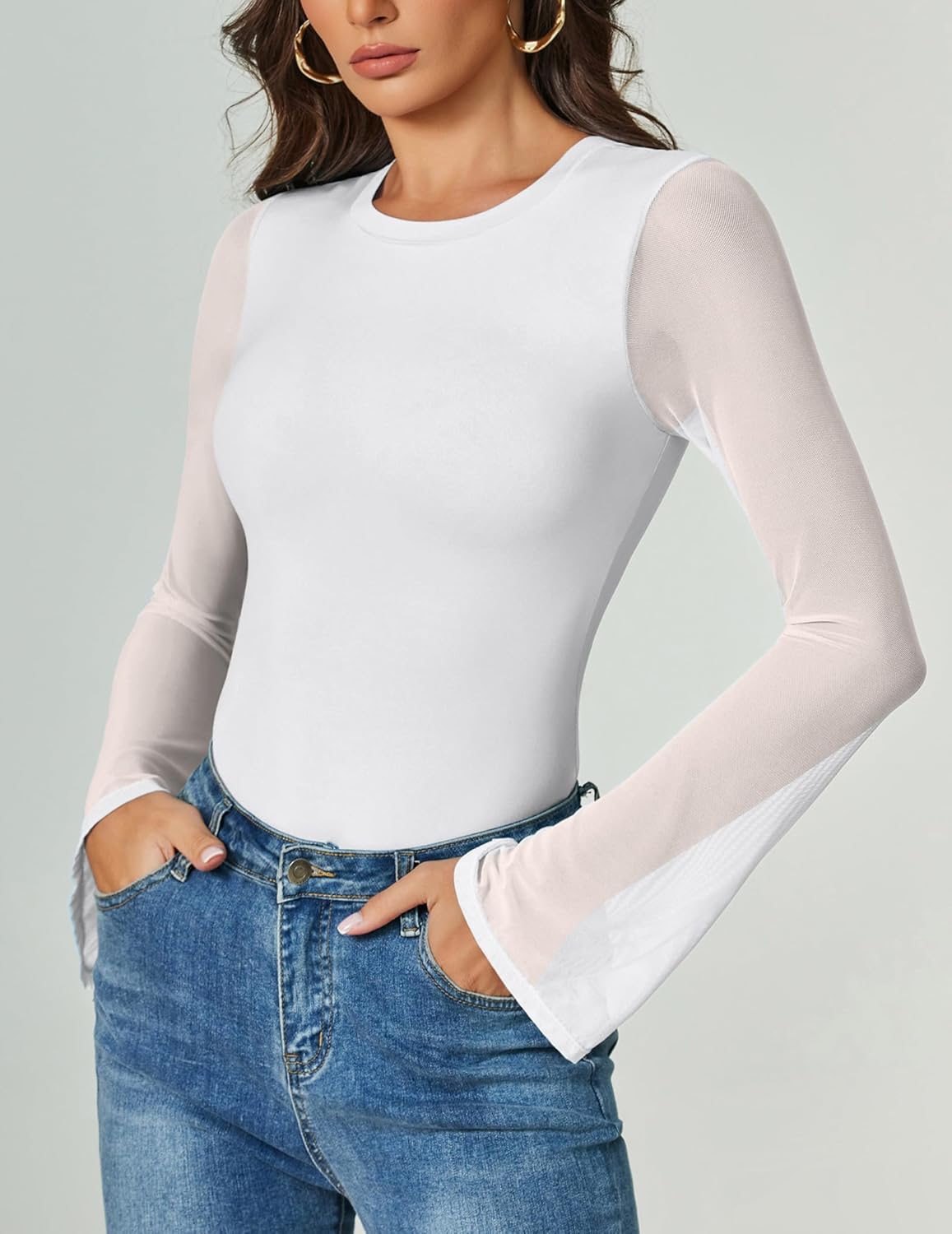 Bell Long Sleeve Bodysuits Mesh Leotard Tops