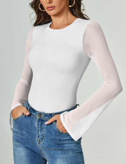 Bell Long Sleeve Bodysuits Mesh Leotard Tops