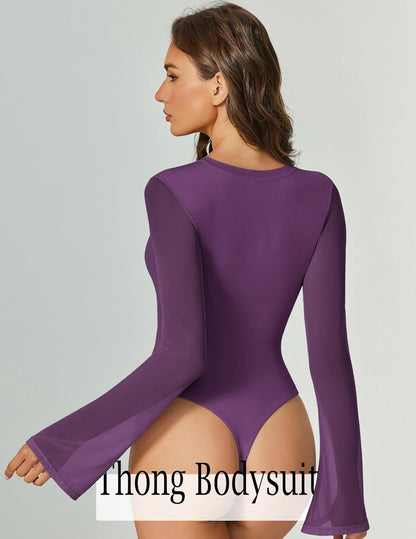 Bell Long Sleeve Bodysuits Mesh Leotard Tops