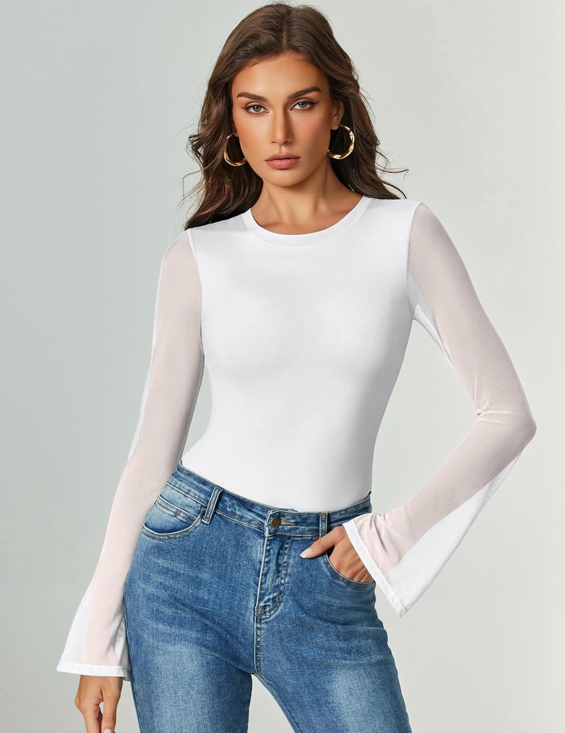 Bell Long Sleeve Bodysuits Mesh Leotard Tops