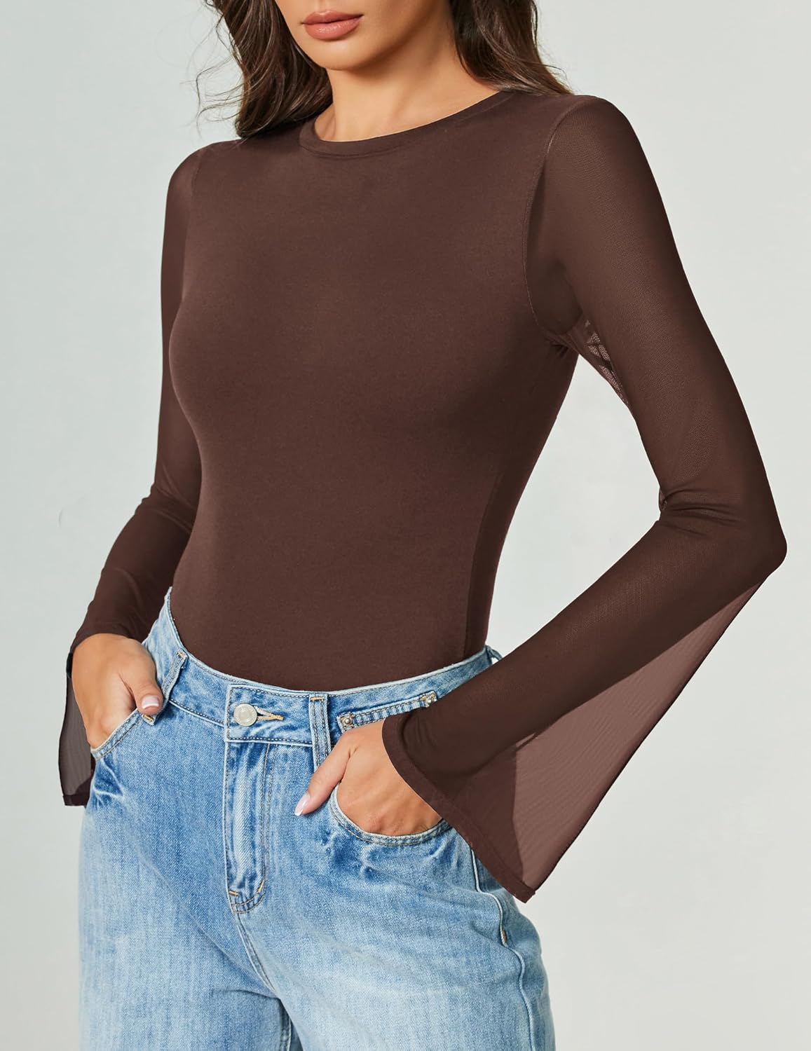 Bell Long Sleeve Bodysuits Mesh Leotard Tops