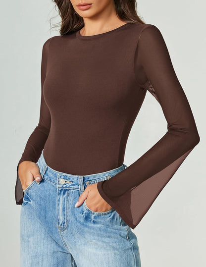 Bell Long Sleeve Bodysuits Mesh Leotard Tops