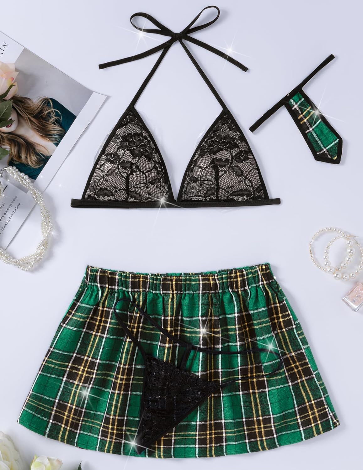 4 Piece with Lace Halter Top+Thong+Plaid Mini Skirt+Necktie
