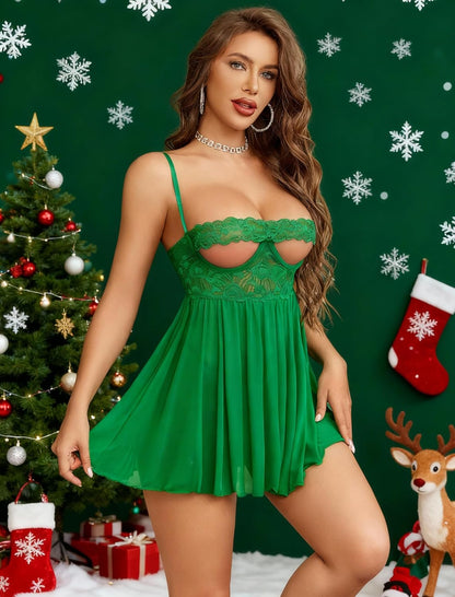 Sheer Mesh Babydoll Dress With Thong