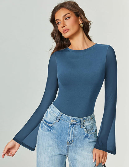 Bell Long Sleeve Bodysuits Mesh Leotard Tops