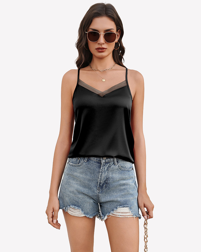 Silk Satin Tank Tops Mesh V Neck Camisole