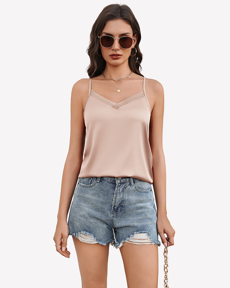 Silk Satin Tank Tops Mesh V Neck Camisole