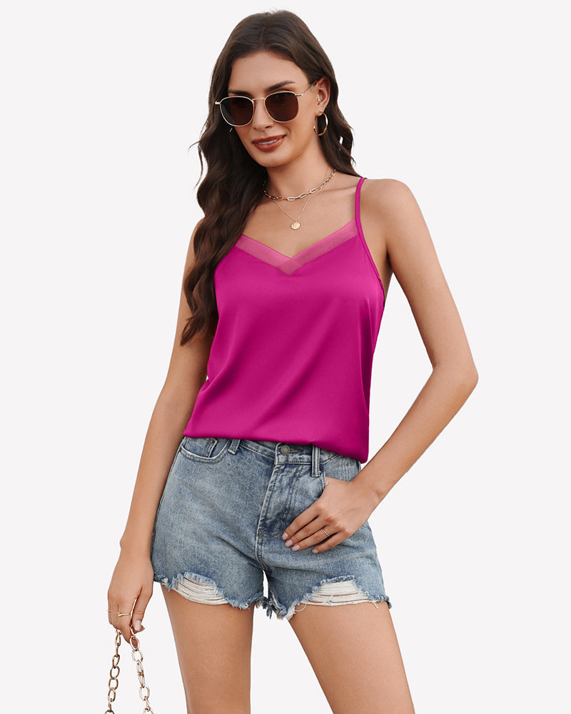 Silk Satin Tank Tops Mesh V Neck Camisole