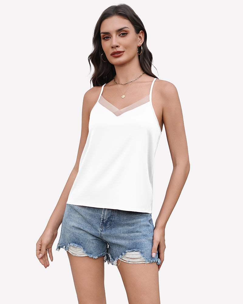 Silk Satin Tank Tops Mesh V Neck Camisole