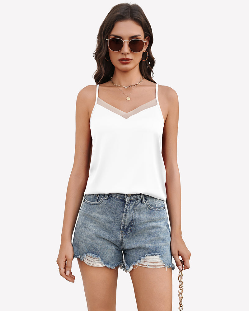 Silk Satin Tank Tops Mesh V Neck Camisole
