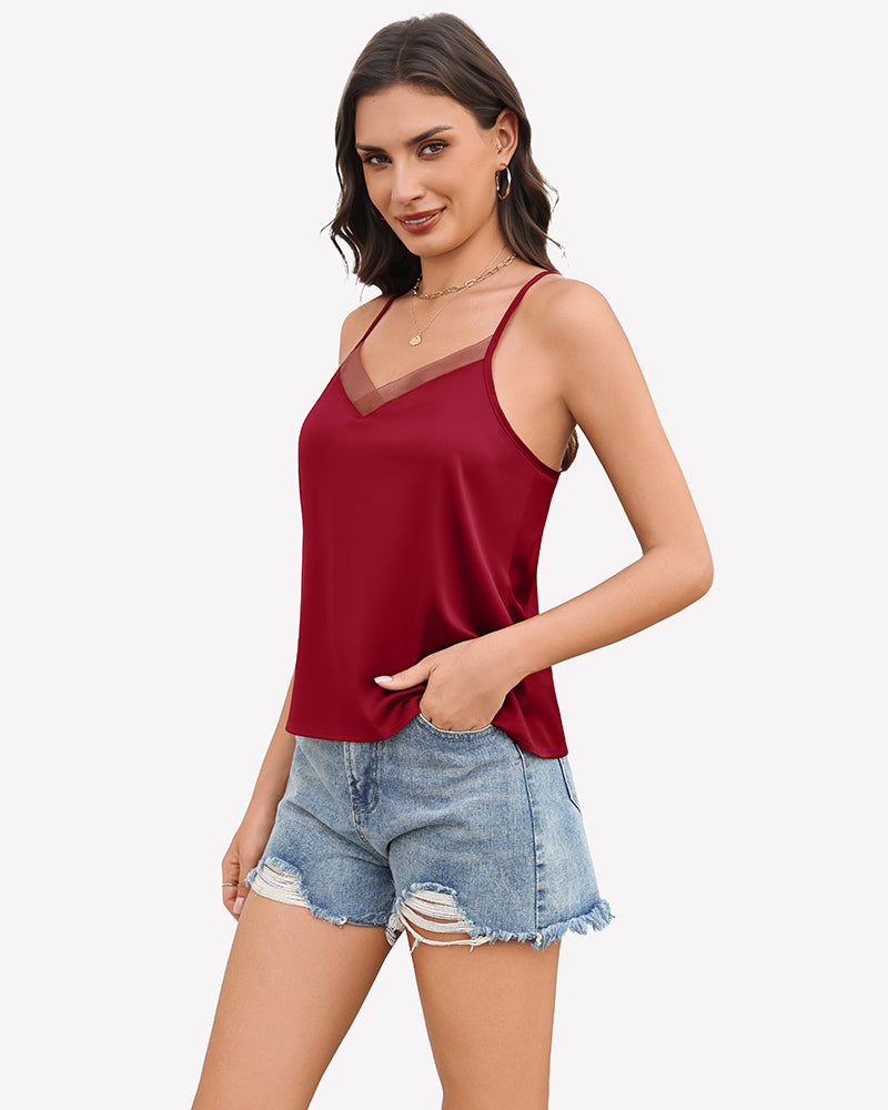 Silk Satin Tank Tops Mesh V Neck Camisole