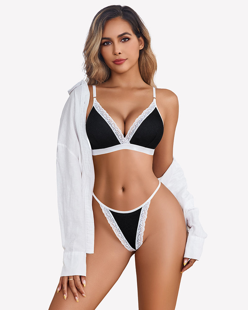 Ribbed Bra and Pany Set with Lace Trim