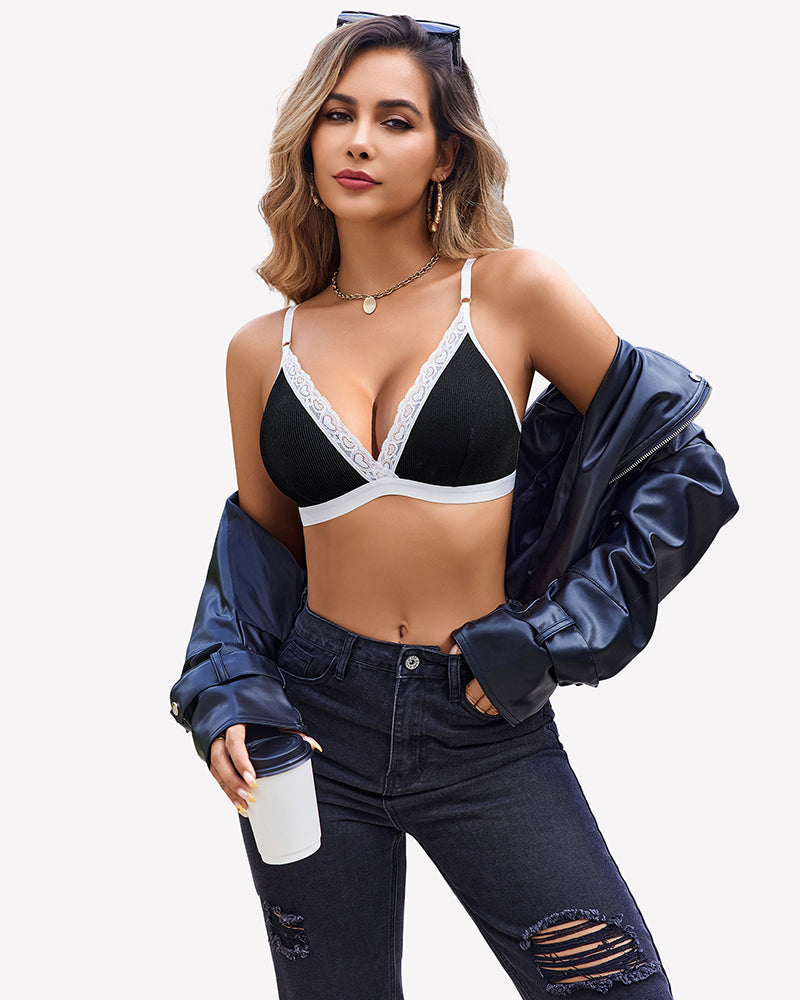 Ribbed Bra and Pany Set with Lace Trim