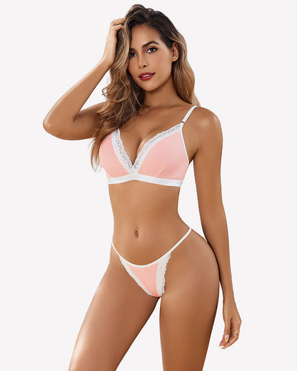 Ribbed Bra and Pany Set with Lace Trim
