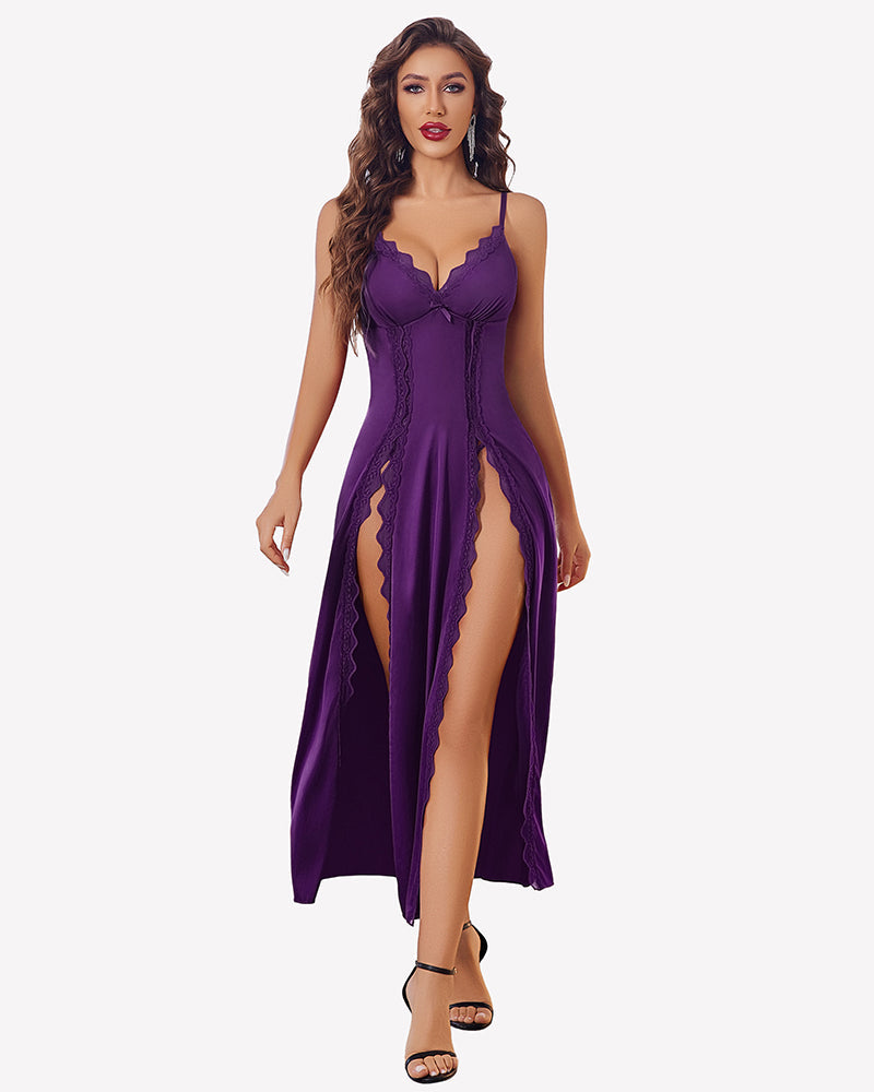 Satin V Neck Side Split Nightgown