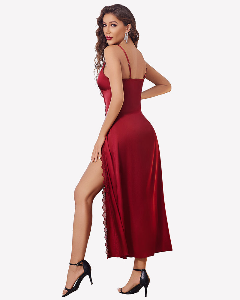 Satin V Neck Side Split Nightgown