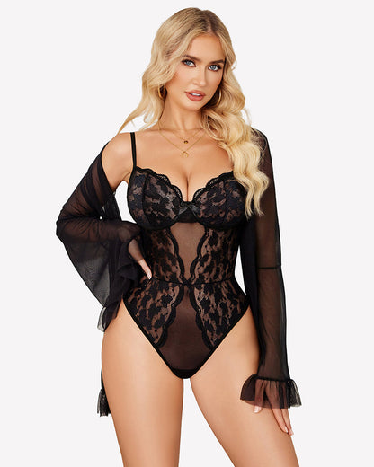 2 Piece Sheer Kimono Robe with Lace Teddy