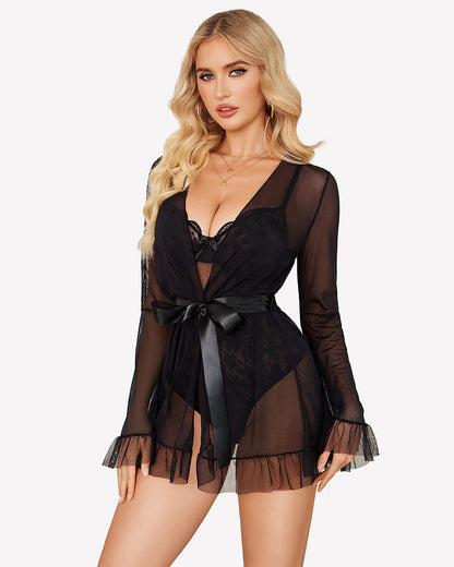 2 Piece Sheer Kimono Robe with Lace Teddy