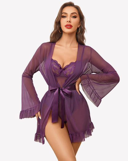 2 Piece Sheer Kimono Robe with Lace Teddy