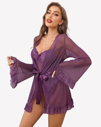 2 Piece Sheer Kimono Robe with Lace Teddy