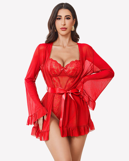 2 Piece Sheer Kimono Robe with Lace Teddy