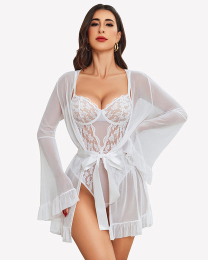 2 Piece Sheer Kimono Robe with Lace Teddy