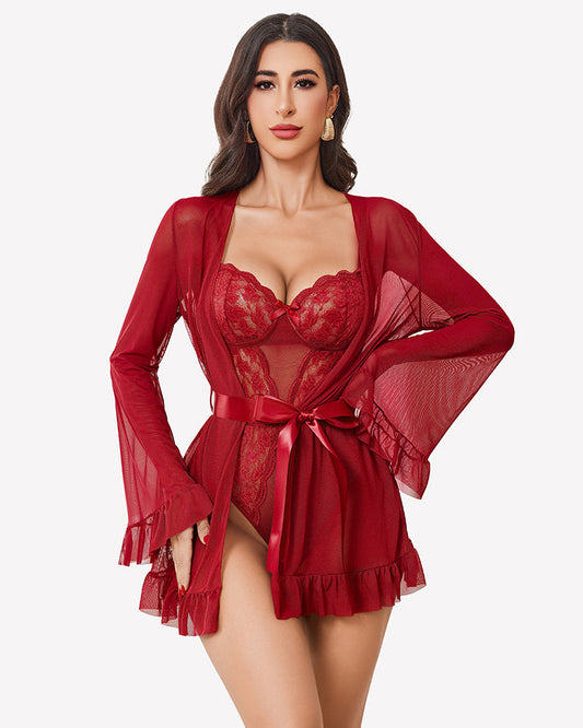 2 Piece Sheer Kimono Robe with Lace Teddy