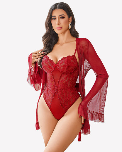2 Piece Sheer Kimono Robe with Lace Teddy