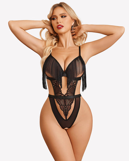 Tassel Cup Lace Crotchless Bodysuit