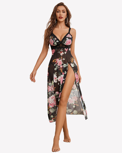 Split Mesh Lace Floral Dress with Thong Set