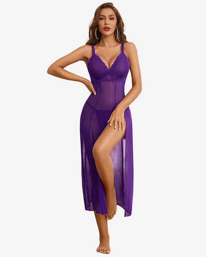 Split Mesh Lace Floral Dress with Thong Set