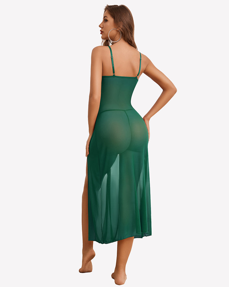 Split Mesh Lace Floral Dress with Thong Set