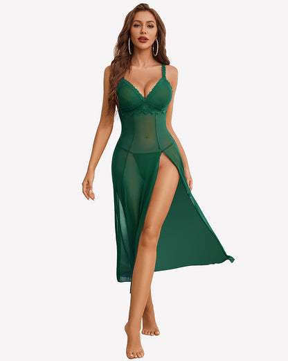 Split Mesh Lace Floral Dress with Thong Set